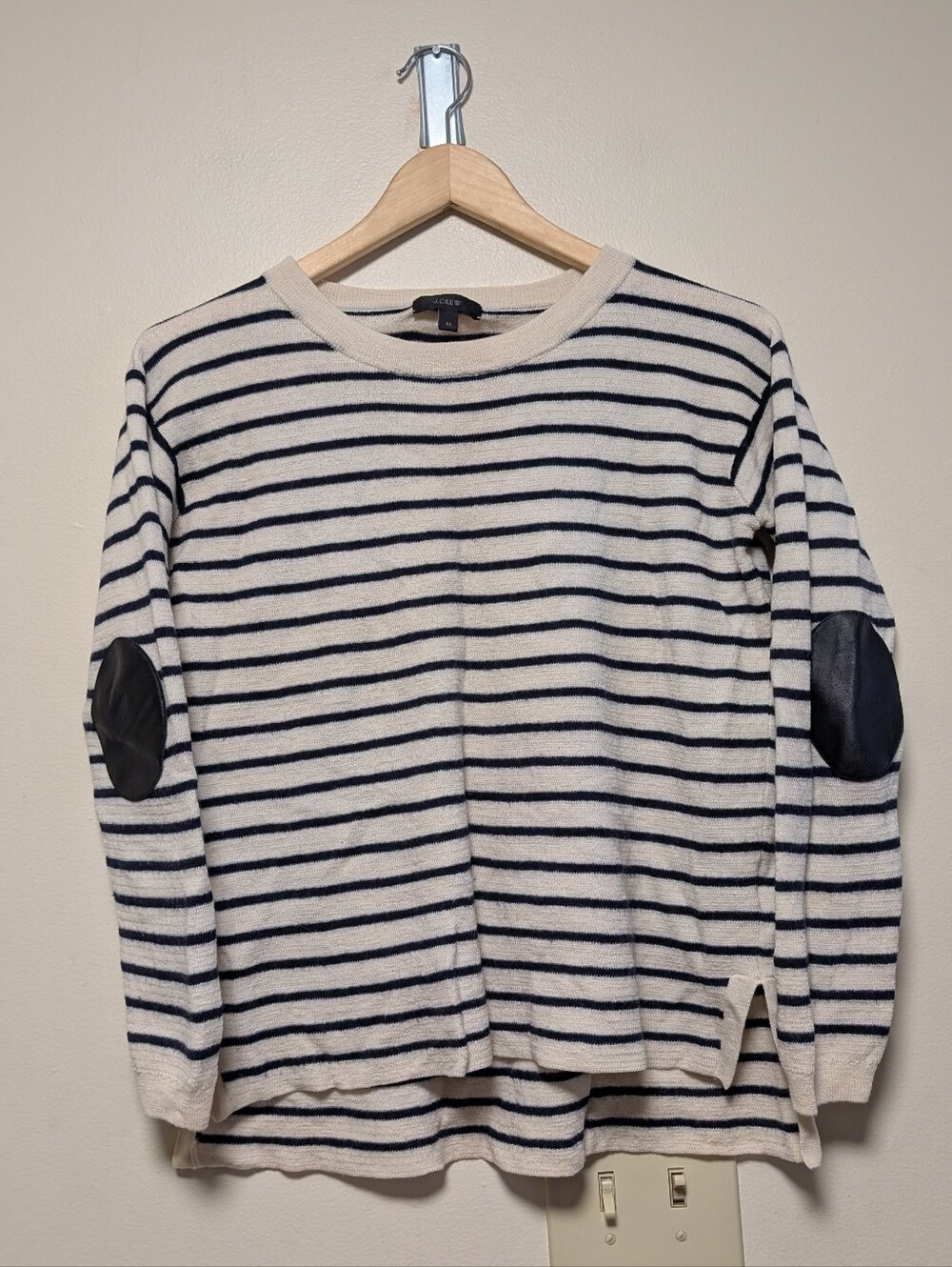 J.Crew 100% Merino Wool Striped Sweater Leather Elbow Patches Medium